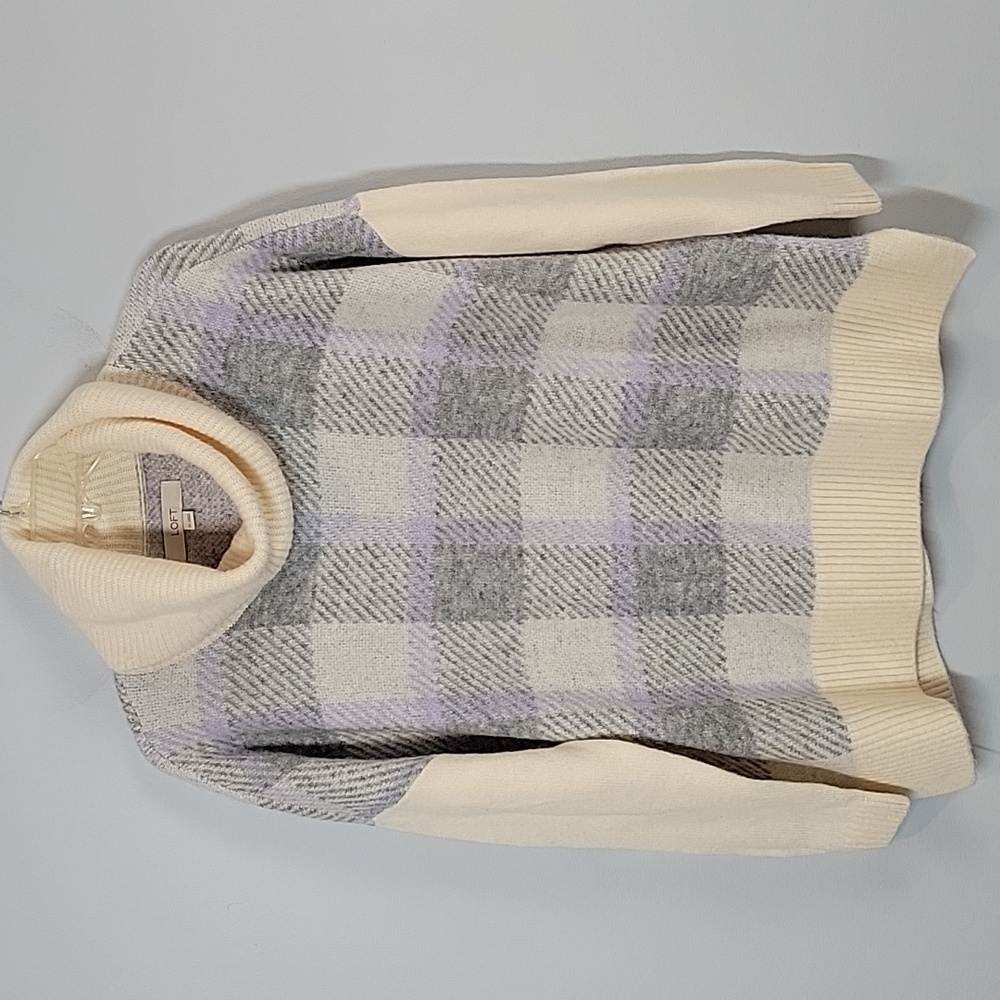 Loft Plaid Poncho Tunic Sweater Cream Gray Cowl Neck Oversized